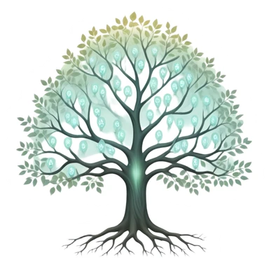 Ethereal family tree with translucent branches connecting glowing ancestor portraits, soft misty background, dreamlike genealogy chart sticker