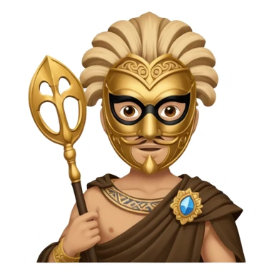 Greek thespian in full costume with a mask holding a prop sticker