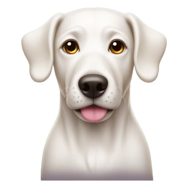 White dog with tan ears and a pink nose sticker