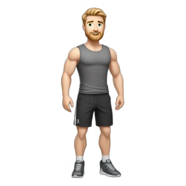 Full height Pale skinned fit man With biceps, Realistic eyes and mouth, light brown hair and stubble In dark gray sleeveless mike, black oversize sports shorts, watch and white sneakers. sticker