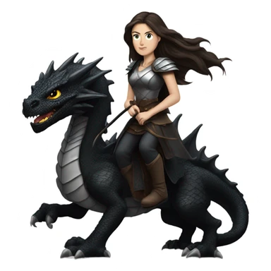 Determined and beautiful armored White Woman with dark brown long hair riding on the back of a giant black dragon sticker