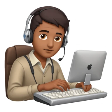 Indian man with headset, typing on a keyboard, subtle sly look sticker