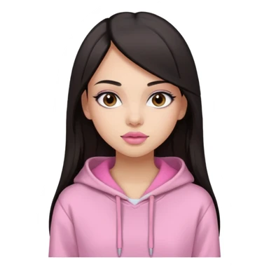 A pretty girl with light skin and long straight black brown hair, wearing a very light pink basic hoodie with brown eyes and makeup sticker