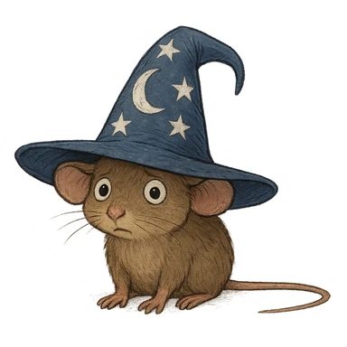 small slightly awkward mouse with short muted brown fur and soft rounded body, large outward tilted ears, small dark beady eyes with bewildered expression, wearing oversized deep blue wizard hat with stitched white stars and crescent moon, hat drooping at top and wide floppy brim sitting unevenly, front paws flat on ground, long thin tail extending straight out behind emphasizing smallness and unease sticker