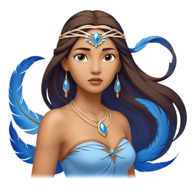 Cinematic Elegant Pocahontas Portrait Emoji, Standing serenely with a blue wind swirl around her, soft feathers in her hair, a tranquil yet powerful gaze, beauty beyond time, an ethereal aura of connection with nature, regal and enchanting! sticker