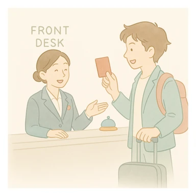 Create an illustration showing the receptionist from the first image welcoming the man from the second image at a hotel front desk. Maintain the soft watercolor illustration style with pastel colors, delicate linework, a gentle, whimsical mood, anime-inspired features, and minimal, soft shading. sticker