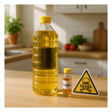 photographic style scene in a bright healthy kitchen with a refined bottle of seed oil (sunflower or soybean) in the foreground, next to a small vial labeled 'Esano' and a danger sign; natural light with a light shadow on the oil bottle suggesting ambiguity sticker