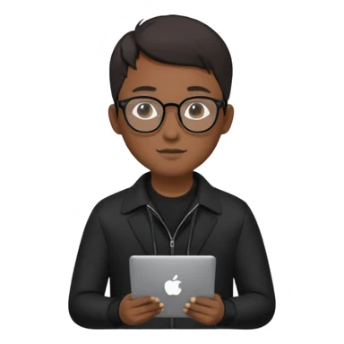 a asia man guy his 20s wearing an apple notebook, wearing bodyguard radio operator, round glasses, blackclothes sticker