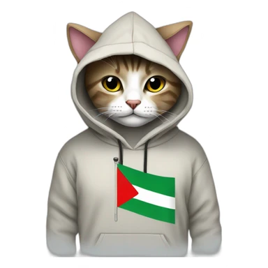 a cat wearing a full hoodie with Palestin flag sticker