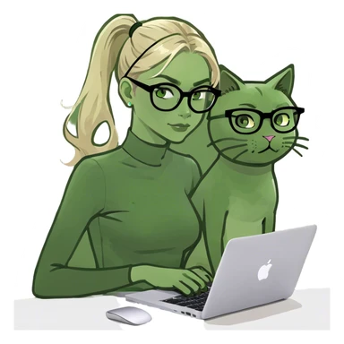 Blonde girl ponytail green eyes with macBook and a cat sticker