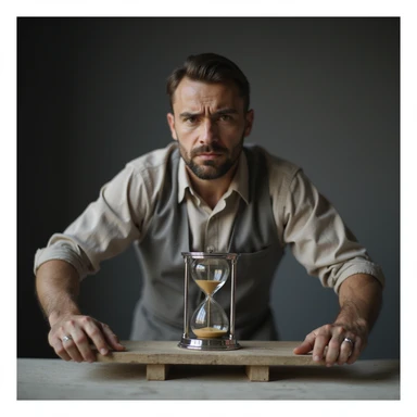 man weighing himself on a scale, disappointed face, next to him an hourglass slowly running, symbolizing metabolism, 4K details sticker