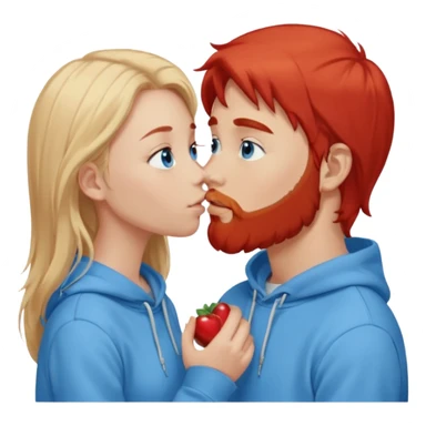 Long-pale-blonde hair, beautiful girl with blue eyes-wearing a light blue hoodie, facing, kissing red-brownish hair-beard boy blue eyed white guy sticker