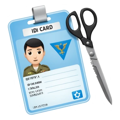 black Scissors cutting a light blue idf soldier ID card in 2 parts .hyper realistic sticker