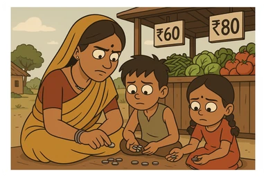 cartoon of a tribal Indian mother and children counting coins in front of a vegetable stall with expensive price signs, rural setting, simple clothing, expressive faces sticker
