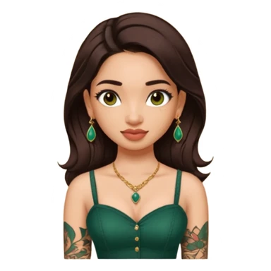 pretty bratz genmoji that looks like tamannah bhatia (bollywood actress), wearing a dark green sweetheart neckline top, dark brown hair, light makeup, no necklace, dangly earrings, side hair part, dark brown eyes, with full tattoos and neck tattoo sticker