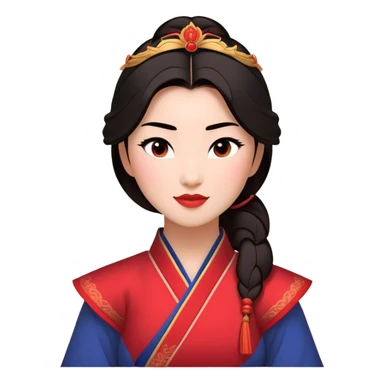 Cinematic Radiant Mulan Portrait Emoji, rendered in a realistic, vector-style with clean proportions. Show Mulan with a soft, confident smile, warm skin, and expressive eyes, her dark hair styled simply, and dressed in traditional clothing with understated red accents. The image radiates a gentle, luminous glow and high shine, accentuated by a soft glowing outline. sticker