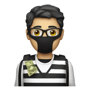 Black and white striped shirt with money bag over shoulder and black mask on sticker
