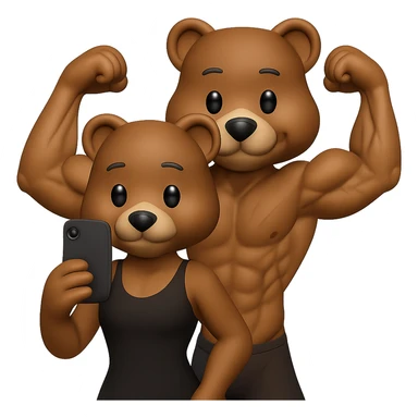 Edit the two muscle bears in a 3D apple emoji style. The bear in front should have a female shape that is slimmer, more athletic, and without a hat. The bear behind should have a male shape doing a double biceps pose, with more muscle separation and visible veins, showing low body fat. Both bears should look strong, natural, affectionate, and cute. Keep the same pose as before. Remove the background. The style should resemble 3D apple emojis as closely as possible. sticker
