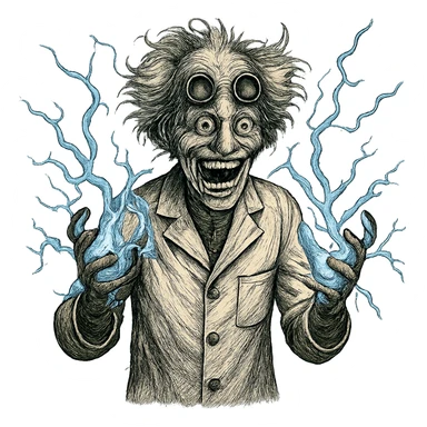 mad scientist going crazy, electricity crackling, wild grin sticker