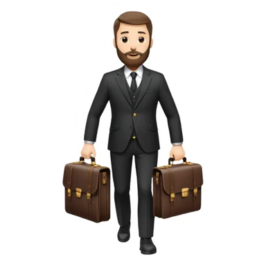 A handsome man, 40+ years old, with a thick beard in a black suit, fair skin, short stylish haircut, full-length photo, wearing an expensive watch, unusual pose, holding a briefcase sticker