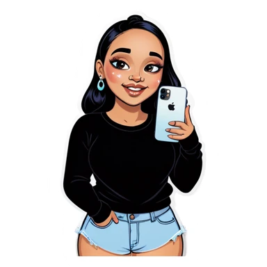 A shy slightly overweight beautiful girl with a diamond nose piercing holds her black iPhone  sticker