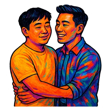 asian gay couple, different art style diverse vibrant sticker