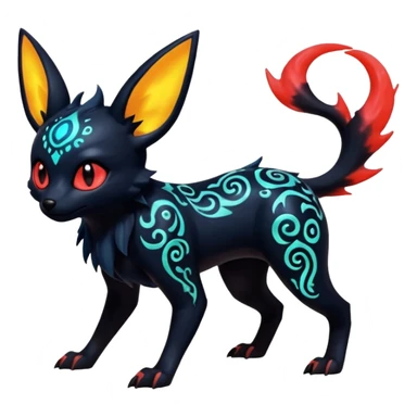 Shiny Fiery Dark Glowing Eldritch Horror Cool Edgy Badass Emo Glorious Demonic Batty Punky Aural Iridescent Fluorescent Bioluminescent Umbreon-Amaura-Salandit-Litten-Flareon-Fakémon-fusion (full body) with intricate pattern markings sticker