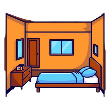 cute bedroom with cream colored walls, wooden bed frame, wooden shelves, fluffy rug, plants sticker