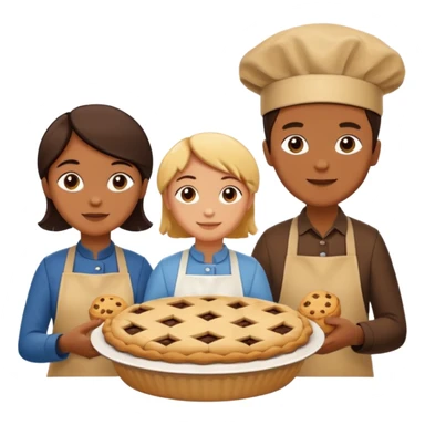 Baking community humanless avatar in vibrant style illustration. Pie, cookie, and muffin warm golden tones, simple shapes, flat design, high contrast. sticker