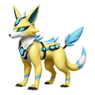 Shiny cyan yellow white electric complex futuristic white-cyber-masked Zeraora-Renamon-Electrike-Umbreon-Lombax-Weregarurumon-fusion-creature (full body sticker
