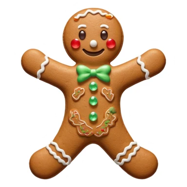 3D render of Gingerbread Man, made entirely of dessert materials, glistening sugar crystal texture, baked brown cookie texture with white icing details, delicious confectionery aesthetic, Apple emoji style, isolated on white background --v 6.0. sticker