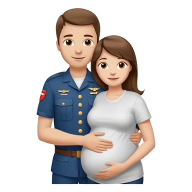 
"Pregnant woman with long brown hair and fair skin wearing a t shirt white. And man with short brown hair and fair skin (without a mustache), wearing a brown military uniform, hugging and smiling."
 sticker