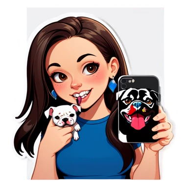 Slightly overweight beautiful girl with choppy long dark hair with her nose piercing and her black iPhone with her her pet pit bull girl with an underbite layed next to her sticker