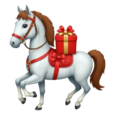 a New Year's horse with a red saddle, which has a red gift box with a white bow on the saddle sticker