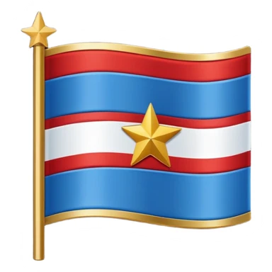 Flag with horizontal blue stripe, then horizontal white stripe, then horizontal red stripe. Red star in the middle outlined in gold  sticker