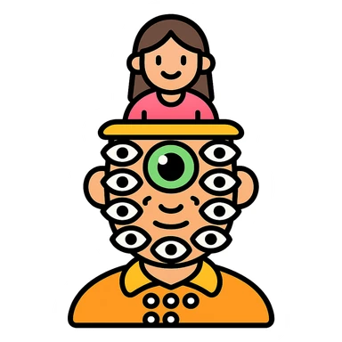 guy with 300 eyes, one big green eye in the middle of his head, hat made out of a girl on his head sticker