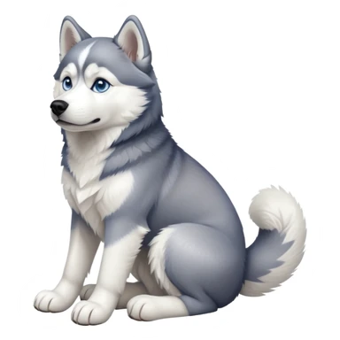 cinematic-[siberian husky]-realistic-full-body-sitting-emoji,-tail-resting-loosely-beside-its-paws,blue eyes-head-tilted-dramatically, -fluffy-[grey and white]-fur,-simplified-yet-realistic-focused-features,-highly-detailed,-glowing-with-an-almost-sarcastic-glow sticker