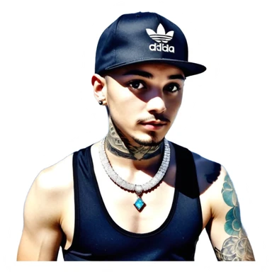 🥷🏻 crea un emojin de como el que está ay pero con gorra marca adida y un collar de diamantes ponle tatuaje en la cara y en la boca ponle brazos qué sea onbre y que se parezca ah este emojin🥷🏻🥷🏻🥷🏻 hombre sticker