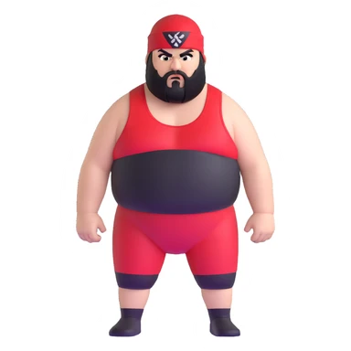 White skin fat guy with prominent black durag, black beard, black eyes in a red and black wrestling singlet with angry face sticker