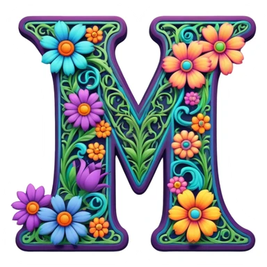 3D, gothic style psychedelic colored Letter W with hippie style flower border sticker