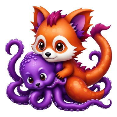 Dragon in the background with a purple octopus 
 and a red panda  sticker