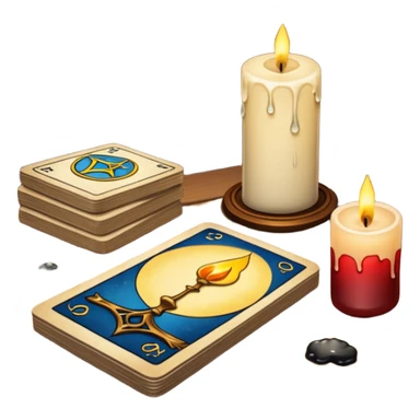 A deck of tarot cards lies on the table, and a candle stands nearby sticker