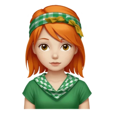girl orange hair, wear red and white checkered bandana, green dress sticker
