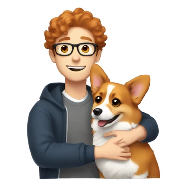 A young man with wavy hair and thin eyeglasses hugs a red-haired corgi sticker