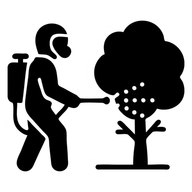 A gardener in protective suit and mask spraying a tree with a sprayer, performing chemical pest control. Bright green garden with trees, visible spray droplets, atmosphere of professional plant protection and garden care sticker