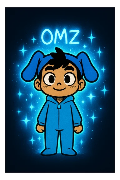 Extract the blue character (OMZ) from the group in the reference image, keeping the picture quality and style exactly the same. Add a glowing blue aura and sparkles around the character to make it stand out, preserving the original style and details. sticker