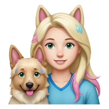 White European young woman with blue-green eyes and long blond hair with 1 pink streak in her hair with her white German Shepherd dog with pink nose and short fur sticker