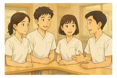 Four nursing students in a team, discussing in a care station, white short-sleeve medical tunics with V-neck and left chest pocket, no collar stand, no stethoscopes, nothing protruding from sleeves, characters with features from four new photos, style Ghibli sticker