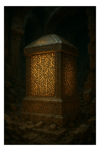 Ancient artifact with mysterious runes, glowing, Tomb Raider style, treasure vibe, no text sticker