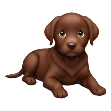 A chocolate Labrador Retriever puppy lying on a cozy carpet indoors, looking curious. Warm indoor light, realistic fur detail, shallow depth of field. sticker